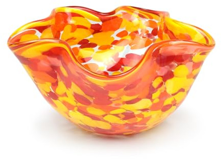 Ca D Oro Murano Style Decorative Orange Glass Bowl Confetti Effect Hand Blown Art Glass Crystal for Home, Room Decoration and Centerpiece - Waved