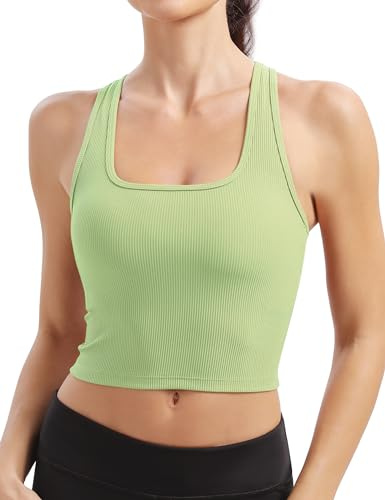BAYDI Sportbehå för kvinnor, ribbad bustier utan bygel, andas, sport, crop top med avtagbara kupor, fitness, löpning, jogging, yoga-bh, Rosmaringgrön, S