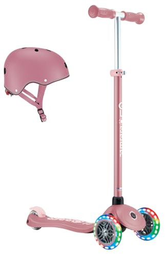 GLOBBER Primo Plus Lights – Tretroller und Helm Kinder, 120/80 mm, 3-rädrig, höhenverstellbar, LED-Leuchtrollen