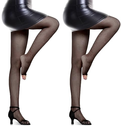 K BKVAVA Women's 2 Pairs Open Toe Dance Fishnet Tights Toeless High Waisted Mesh Small Net Pantyhose,Black