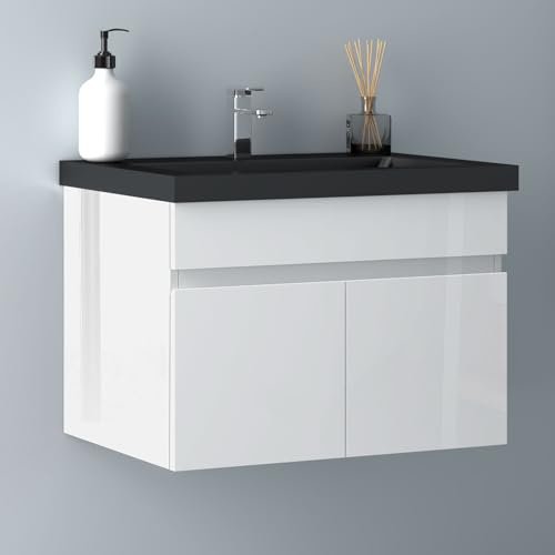 Biubiubath Badezimmer Badmöbel 60cm Schwarz Mineralguss Waschtisch mit Unterschrank Hängeschrank Hochglanz Weiß Badezimmerschränke Badschrank mit 2 Soft-Close Türen