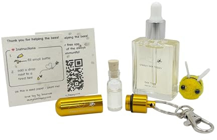 Bee Revival Kit - 'Always Bee Happy' Engraved Keyring, Glass Vial, Bee Feed Dropper Bottle, Organza Pouch