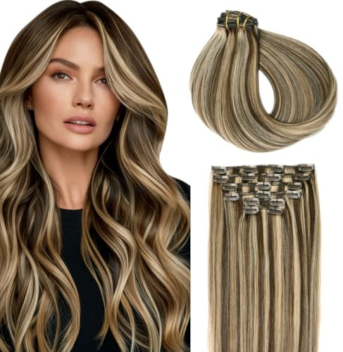 SURNEL Clip in Echthaarr Schokoladenbraun Gemischtes Karamell Blond Clip in extensions 14 Zoll 100 Gramm 6Stück (#4P27-14Zoll)