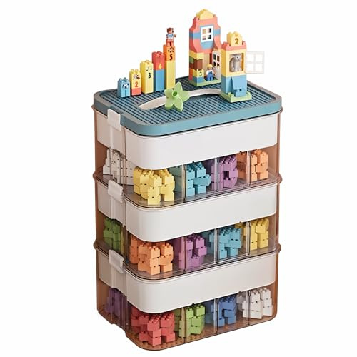 3 Tier Stackable Storage Organizer for Lego, 12.01”*9.06”*12.80” with Removable trays & grid Plates, PP Transparent Building Bricks Puzzle Craft Container Box Sorter, Green