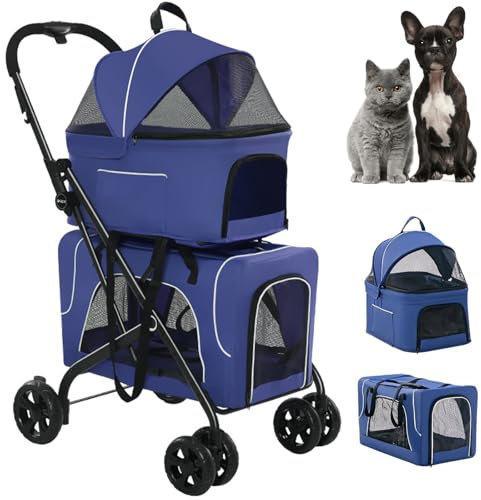 RUYICZB Klappbarer Hundewagen, 2 Etagen Hundewagen Für Kleine Hunde Und Katzen, Pet Stroller Hundebuggy Für Mehrere Haustiere, Hundebox Für Hunde & Katzen,Blau