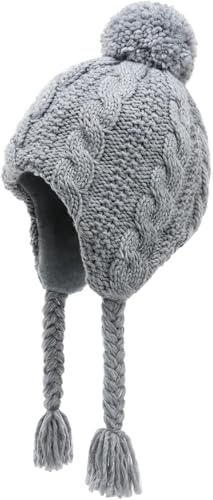 JANGANNSA Vinter Peruvian hatt öronlappar fleece fodrad pompon stickad mössa för 6–10T baby flickor, Ren grå, 6-10 år