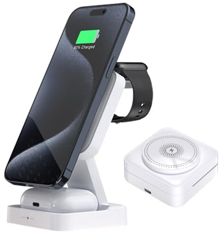Caricatore a induzione 3 in 1 pieghevole caricatore senza fili per dispositivi multipli, caricabatterie da viaggio per iPhone 15/14/13/12, docking station a ricarica rapida per auricolari senza
