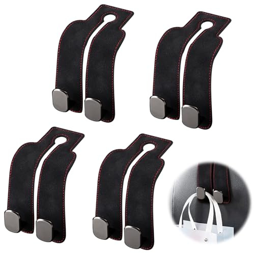JOLIGAEA 4 Stücke Autositz Doppelhaken Rückenhaken, Leder Aufbewahrungshaken Auto, Universal Auto Haken, Autositz Haken für Handtaschen, Aufbewahrungshaken Auto(Schwarz)