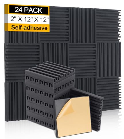 AUSLET 24 Pack Sound Proofing Panels with Self Adhesive 12 x 12 x 2 High Density Grooved Acoustic Wall Panels Sound Absorbing Foam for Recording Studio Home Office