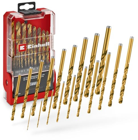 Original Einhell 19-tlg. HSS-G Titan Metallbohrer-Set (im Ganzen geschliffener HSS 4341 Stahl, titanbeschichtet, 135°-Split-Point-Spitze, gefräste Typ N Spirale, Rundschaft)