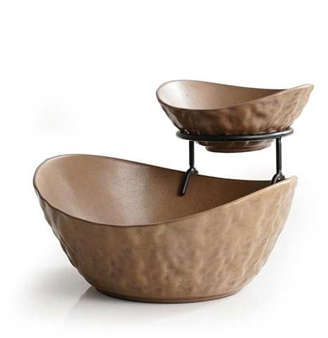KOKUNKA 2-stöckiges Obstschalen-Set mit Metallständer, Porzellan, Obstkorb für Küchentheke, Obsthalter, Lebensmittel-Display-Set für Party, Obst, Gemüse, Snack, Nüsse, Braun