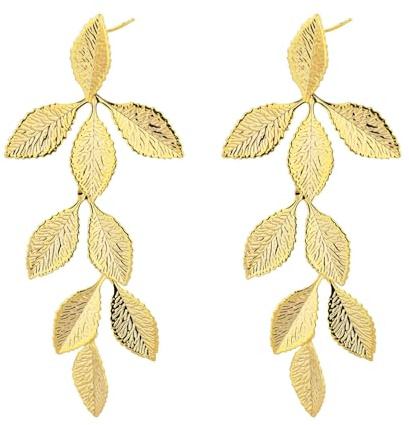 Långbladiga Guldörhängen, i Boho-Stil Botaniska för Kvinnor Bladguld Handgjorda Örhängen med Blad och Dinglar Örhängen med Bladguld för Kvinnor