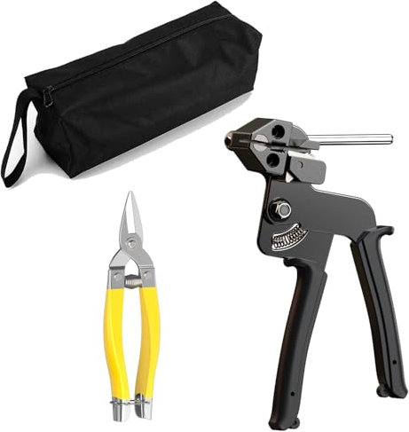 Stainless Steel Zip Tie Gun Kit with Industrial Scissors - Heavy Duty Metal Zip Ties Tensioner & Cutter Tool for Electrical, Used to Repair Outdoor Fences, Pipes, Chain Links, Garden Farm