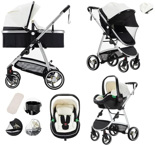 Lnhcrbs Kinderwagen 3 in 1, Kinderwagen Set ist ein mit einer Hand faltbarer Aluminiumrahmen, Bergsteiger Stroller ist aus Leder, wasser- und schmutzabweisend, Für 0-4 Jahre, 22KG (Weiß)
