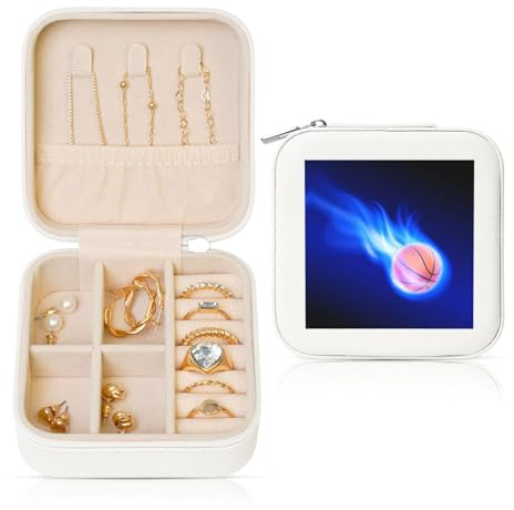 Boîte à bijoux carrée blanche en cuir – Rangement portable imprimé ballon de basket-ball pour femme, cadeau idéal pour geburtstag et Saint-Valentin