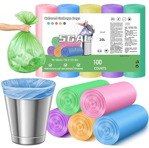 XIQIYY Bolsas de basura pequeñas de 20 l, de boca plana, bolsas de basura de color a prueba de fugas, bolsas de basura fuertes, bolsas de basura para baño, dormitorios, 100 bolsas