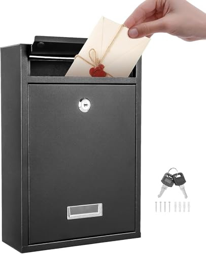 Wall Mount Mailbox, Lockable Mailboxes for Outside, 32x21.5x8.5cm Waterproof Steel Mail Box with 2 Keys & Nameplate, Secure Residential Mailbox for House, Office, Apartment(BLACK)