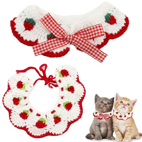 2 x Katzenhalsband, Kätzchenhalsband mit niedlicher Fliege und Erdbeermuster, ohne Glocke, gehäkelte Erdbeere, niedliche Katzenhalsbänder für Mädchen, Jungen, Katzen und kleine Haustiere