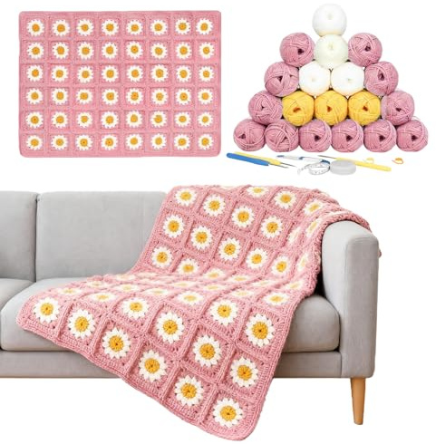 CZCMYAU Häkelset für Anfänger,Komplettes Häkeldeckensatz für Erwachsene,Granny Square Decke Häkelstarter Set mit Schritt-für-Schritt-Anleitung,Pink Daisy