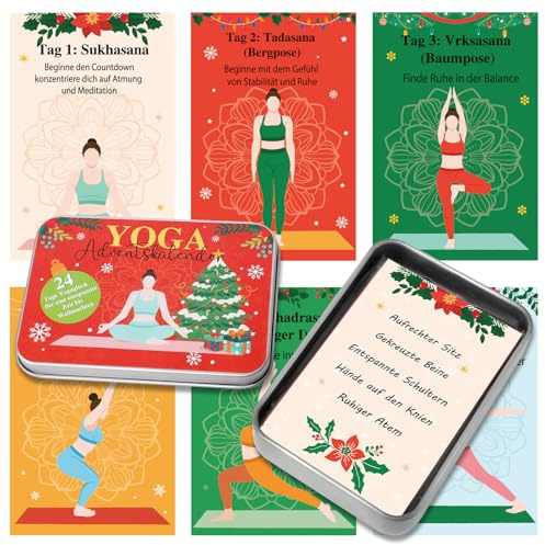 DPKOW Yoga Adventskalender Frauen Geschenke Yoga Fitness Adventskalender in Der Dose Karten Kalender Entspannung für Zuhause Schule Therapie, 24 Tage Karten Yoga