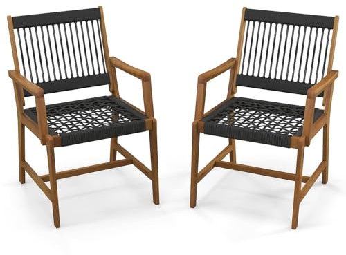 FANTASK Terrassenstühle aus Akazienholz und Seilgeflecht, 2er Set Balkonstühle & Gartenstühle mit Rückenlehne & Armlehne für Garten, Terrasse & Balkon, 160 kg Tragfähigkeit