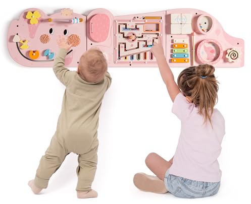 ROBUD Montessori Motorikbräda trä – 11-i-1 Busy Board väggleksak för barn från 18 månader, Montessori leksak baby motorikbräda med xylofon, trumma, spegel och vriddelar, rosa