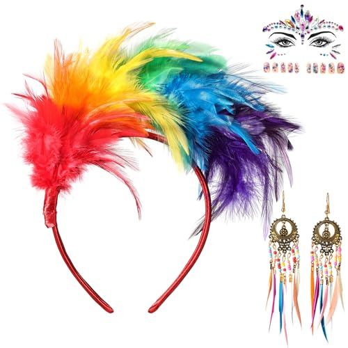 Regenbogen Papagei Haarreif Damen, Bunte Feder Haarschmuck Haarbänder, Regenbogen Kopfschmuck Kopf mit Ohrrin Glitzersteine Gesicht, Fasching Karneval Party bunter Stirnbänder Papagei Haarband