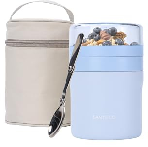 SANTECO Müslibecher to go 500ml+220ml Thermobehälter für Essen mit Löffel Hält 12 Stunden Warm, Spülmaschinenfest, BPA-frei, 2 in 1 Lunchpot Praktisch Joghurtbecher für Arbeit/Schule/Zuhause,Blau