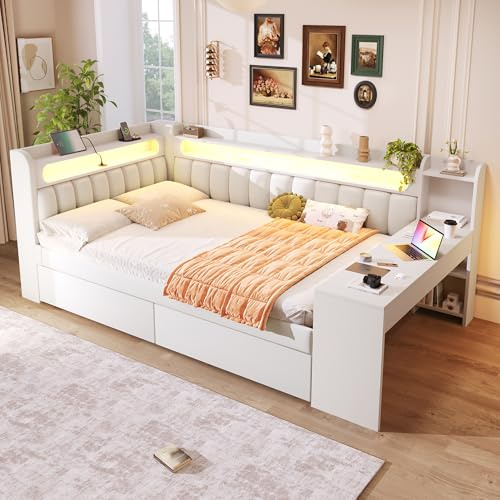 Merax Kinderbett 140x200 cm Tagesbett mit gepolstertem Kopfteil, LED-Ablagefach, Multifunktionsbett mit Schreibtisch, USB-Steckdose und 2 Schubladen, Holzbett mit Lattenrost (Ohne Matratze), Weiß