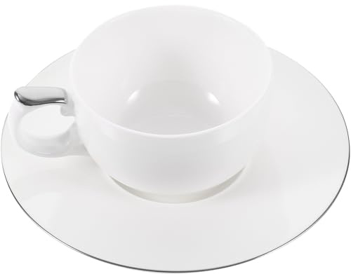 POPETPOP Ceramic Coffee Cup with Saucer and Silver Edge, European Style Porcelain Espresso Tea Cup 120Ml for Home and Office Use