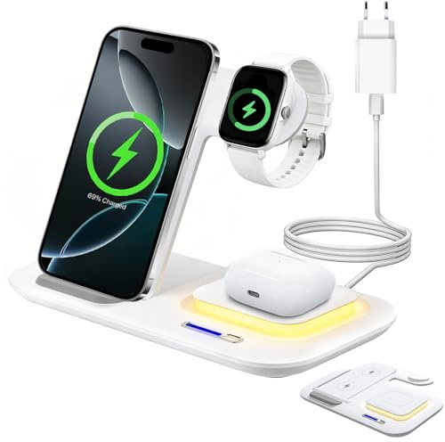 GRIRDDIV liten egen laddare, böjbar 5-i-1 laddningsbas compatible with iPhone 17/16/15/14/13/12/11/Plus/Pro Max, för Apple Watch Ultra 3/11/10/9/8/7/6/SE3, för AirPods 4/3/2/Pro 3