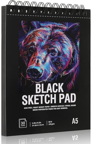 Wsicse A5 Skizzenbuch Mit Schwarzem Papier, 30 Blatt, 160 G/M² | Spiralbindung, Säurefrei, 14,7 × 21 cm, Ideal Für Kreide, Metallic Marker Und Buntstifte