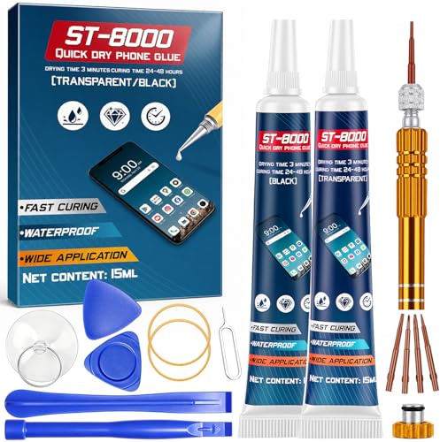 Lim för Smartphones - Mobiltelefonskärmlim Super Glue Handy Display Lim med Reparationskit, Superlim för Telefonskärmar, Plast, Modeller, Textilier, Läder, Strass, 15ml x 2, Svart och Transparent
