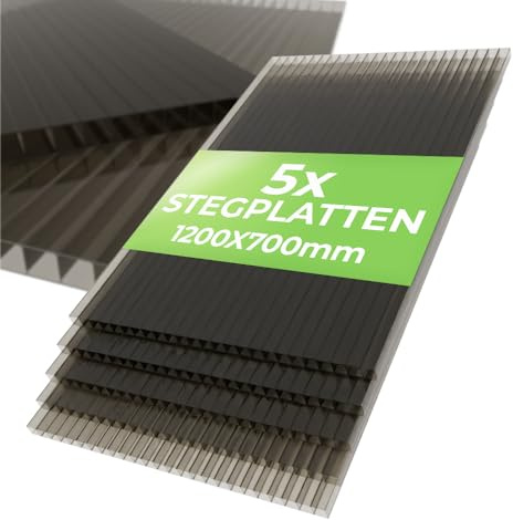 5X Hohlkammerplatten 10mm Polycarbonat 1200x700 mm – Doppelstegplatten Gewächshausplatten, Rauchgrau, UV-beständig, zuschneidbar - PoliGreen®