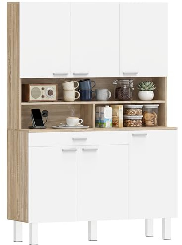 HOMCOM Alacena de Cocina Alta con 6 Puertas 120x40x175 cm Blanco y Natural | Mueble Auxiliar de Cocina, Gran Cajón, Estantes, Encimera Amplia para Microondas, para Comedor, Salón