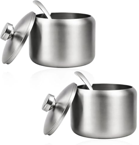 TIANLIN 2 Pièces Sucrier Boule Poignée Ronde, 250 ml Bol à Sucre en Acier Inoxydable 304, Sucrier pour Sucre en Morceaux avec Cuillère, Boite Sel Multifonction Argenté, pour Cuisine, Restaurant, Café