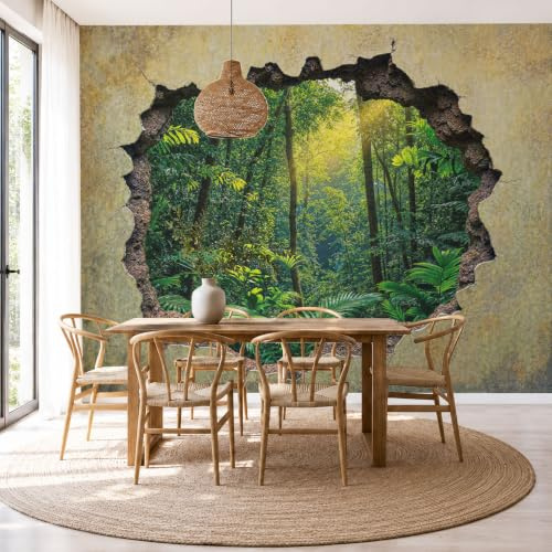 Papel Pintado De Mural Seda - Agujeros En La Pared Selva Tropical, Fotomurales Bosque Visual En 3D, Verde Decorativos Murales Papel Tapiz Fotográfico Dormitorio Oficina 200x140cm