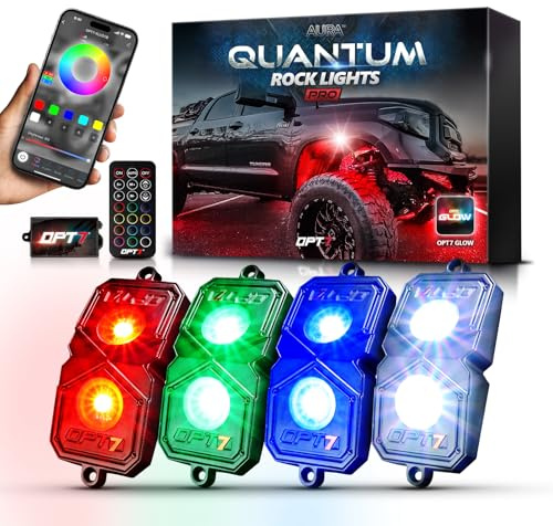 OPT7 Quantum Pro Rock Light LED 1600 lumens RGBW avec contrôleur Bluetooth, variateur de néon multicolore, stroboscope, fondu, IP67, capsules étanches tout-terrain