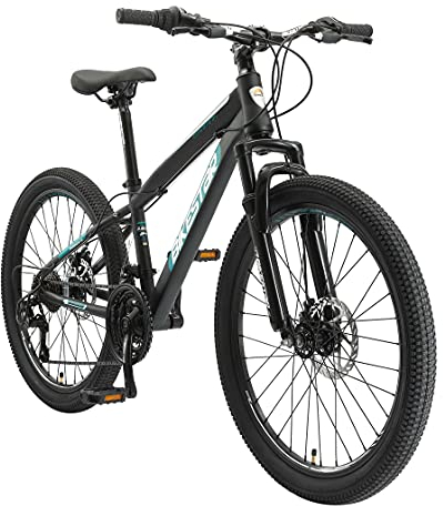 BIKESTAR Kinder Fahrrad Mountainbike 21 Gang Shimano, Scheibenbremse ab 8 Jahre | 24 Zoll Kinderrad MTB | Schwarz