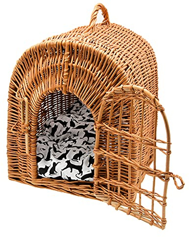 Katzenbett Hundebett Hundebox Katzentransportbox Katzen Katzenkorb Katzenhöhle Weidenkorb Kleintier Transport Box aus Weide mit Verschluß und Kissen geflochten K5-080-SBWK