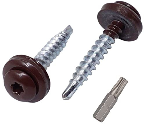 SKIR'CO (Förpackning med 40 st) Takskruvar i metall, 4,8 x 28 mm målade självborrande skruvar med EPDM-brickor, metallplåt, torxskruv (40, chokladbrun RAL 8017)
