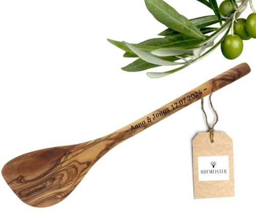 HOFMEISTER® Kochlöffel Olivenholz personalisiert mit Gravur, 30 cm – Holzlöffel spitz mit Wunschtext – Geschenk zu Muttertag, Geburtstag und Weihnachten, Handarbeit (1 Stück)