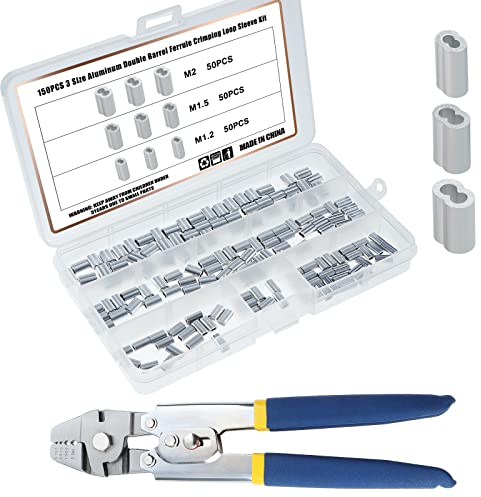 Knpwer 601 pezzi strumento di crimpatura per funi metalliche fino a 2,2 mm, con 150 pezzi di 3 dimensioni in alluminio doppio barilotto ghiera crimpatura loop manicotto kit