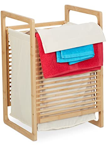 Relaxdays Wäschekorb Bambus, eckig, mit Griffen & Deckel, HBT: 60 x 40 x 35 cm, Wäschebox für Schmutzwäsche, Natur/Creme
