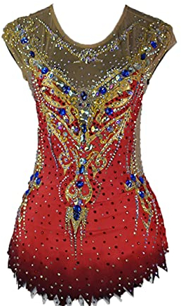 JRUIA Rhythmische Gymnastik Trikots Für Mädchen Mehrfarbig Ärmelloses Eiskunstlauf Wettkampf Kleid Mit Strasssteinen Handgefertigte Elastizität Skating Bekleidung,Rot,11_13Years