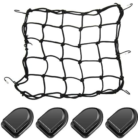 1 Bike Carrier Cargo Net + 4 Sticky Hooks, 15.75 x 15.75inch Elastic Motorcycle Luggage Bungee Netting with 6 Metal Hooks, Helmet Tie-Down Net for Motorbike Bike ATV(black)