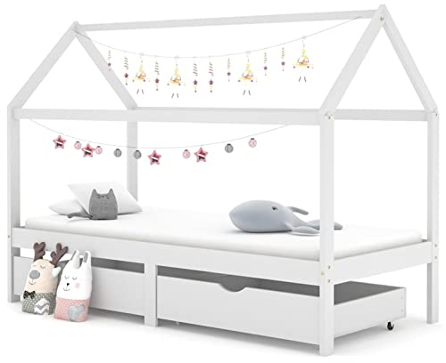 Festnight Hausbett 90x200 cm mit Schubladen ohne Matratze, Kinderbett mit Schubladen, Kinder Haus Bett aus Kiefer Holz Jugendbett Massivholz Weiß