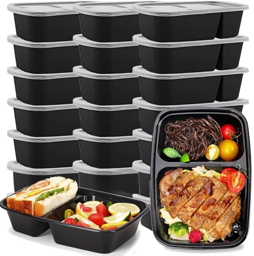 AKOLAFE 25er Pack Meal Prep Boxen 2 Fächer 1000ml Mikrowellengeschirr mit Deckel und Griff 34oz Kunststoff Meal Prep Container Wiederverwendbar Essensbox BPA-Frei Lunchbox Lufdicht für Lebensmittel