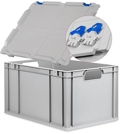 goodsforbusiness Eurobox NextGen Economy 60x40x32cm Griffe offen mit Scharnierdeckel grau, Kunststoffbox 65 Liter, Transportbox Lagerbox Campingbox stapelbar, Farbe Deckel-Verschlüsse wählbar (Blau)