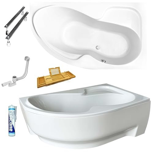 ECOLAM Baignoire d'angle en acrylique asymétrique Wela 150x100 cm droite | Tablier en acrylique | Planche en bambou | Pieds siphon silicone | Set complet